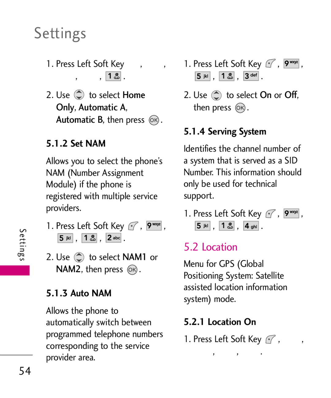 LG Electronics UX145 manual Set NAM, Auto NAM, Serving System, Location On 