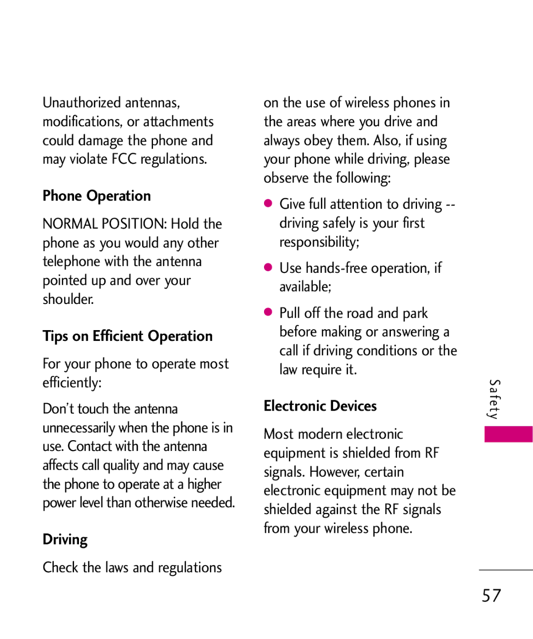 LG Electronics UX145 manual Phone Operation, Tips on Efficient Operation, Driving, Electronic Devices 