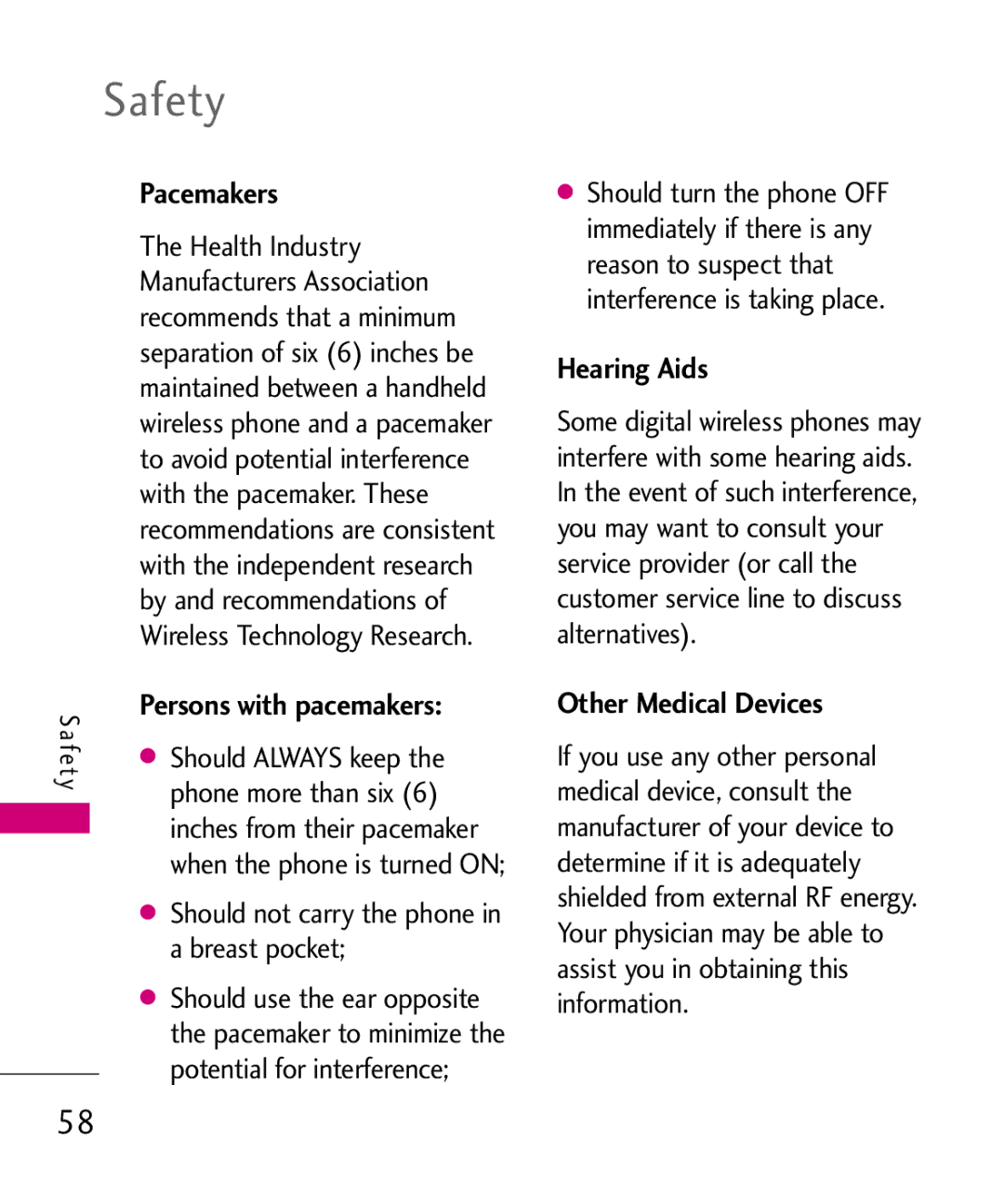 LG Electronics UX145 manual Safety, Pacemakers, Hearing Aids, Other Medical Devices 