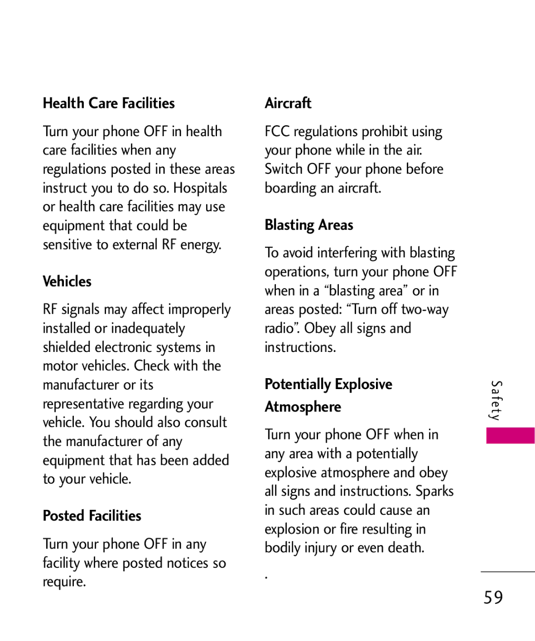 LG Electronics UX145 manual Health Care Facilities, Vehicles, Posted Facilities, Aircraft, Blasting Areas 