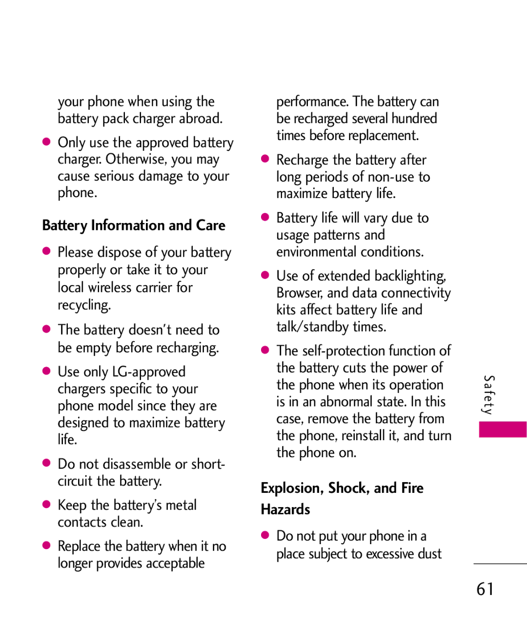 LG Electronics UX145 manual Explosion, Shock, and Fire Hazards 
