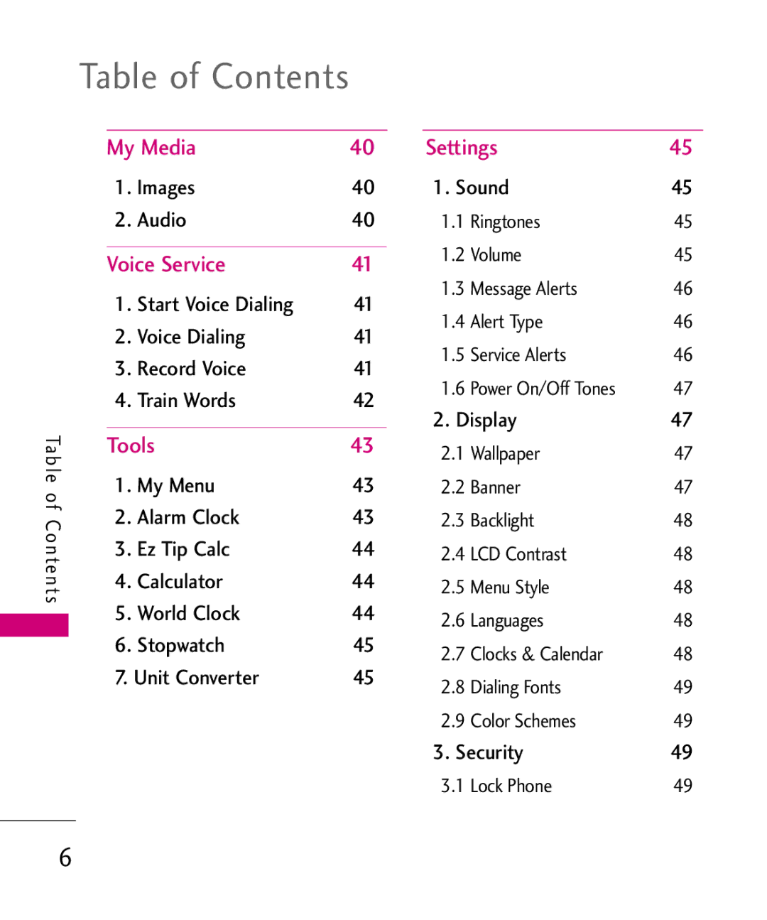 LG Electronics UX145 manual Table of Contents 