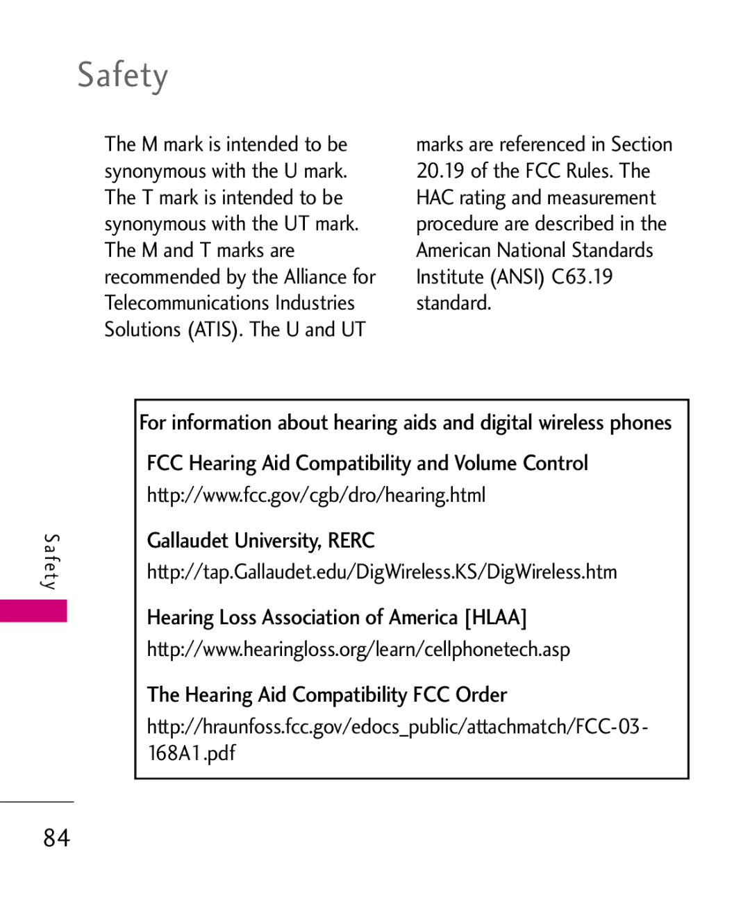 LG Electronics UX145 manual Marks are referenced in Section, Http//tap.Gallaudet.edu/DigWireless.KS/DigWireless.htm 