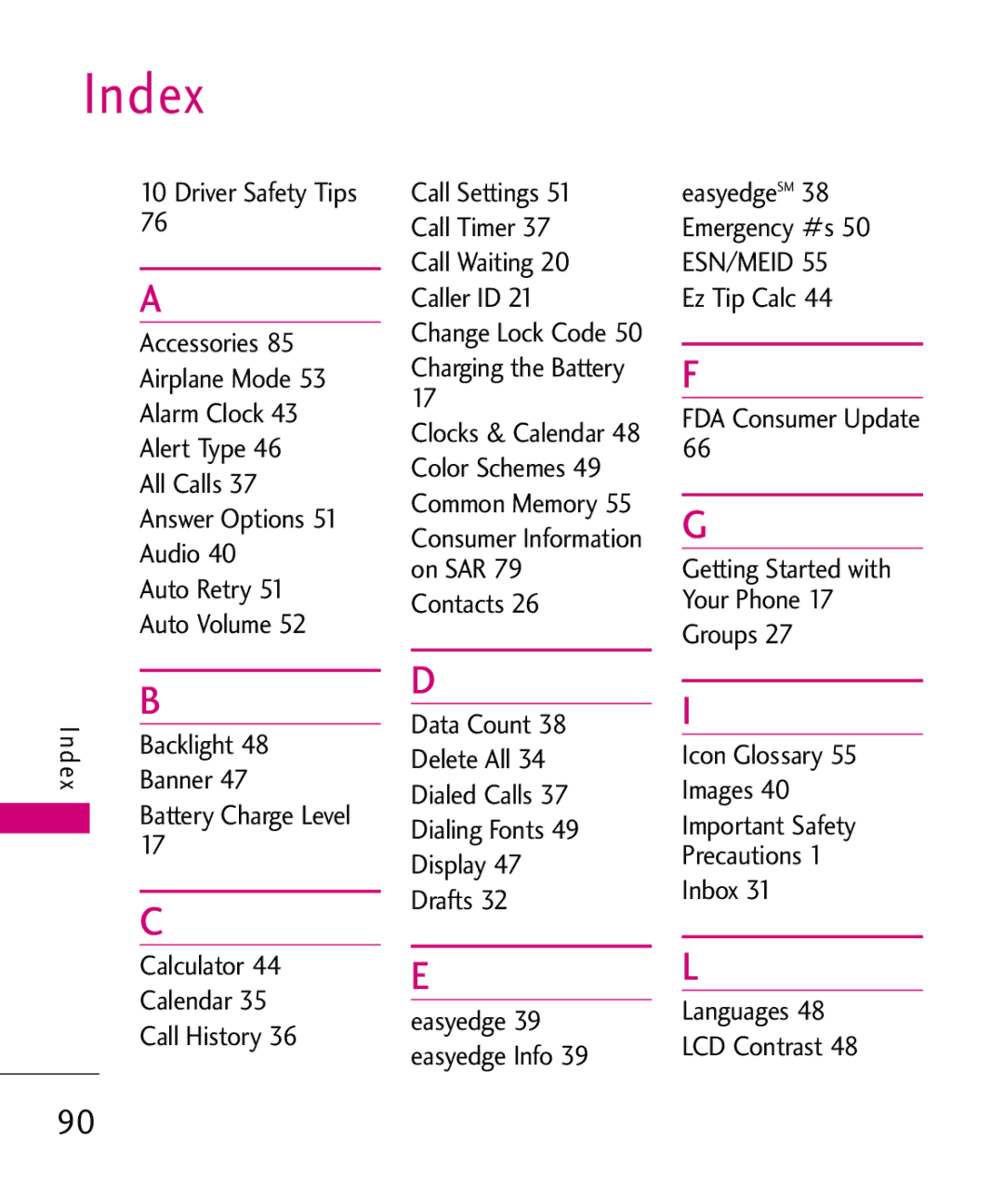 LG Electronics UX145 manual Index, Call Settings Call Timer, Charging the Battery 