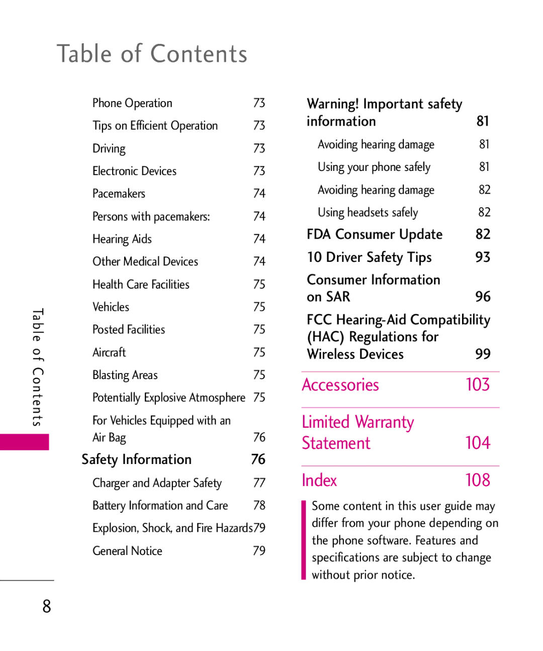 LG Electronics UX220, MMBB0366701(1.0) manual Accessories 103, 104, Statement, Index108, Safety Information 