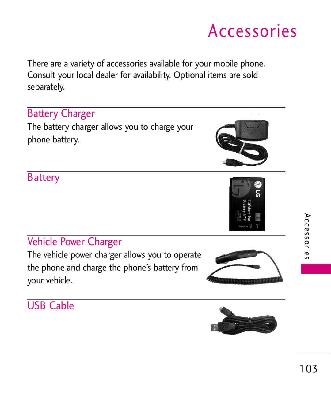 LG Electronics MMBB0366701(1.0), UX220 manual Accessories, Battery Charger, Battery Vehicle Power Charger, USB Cable 