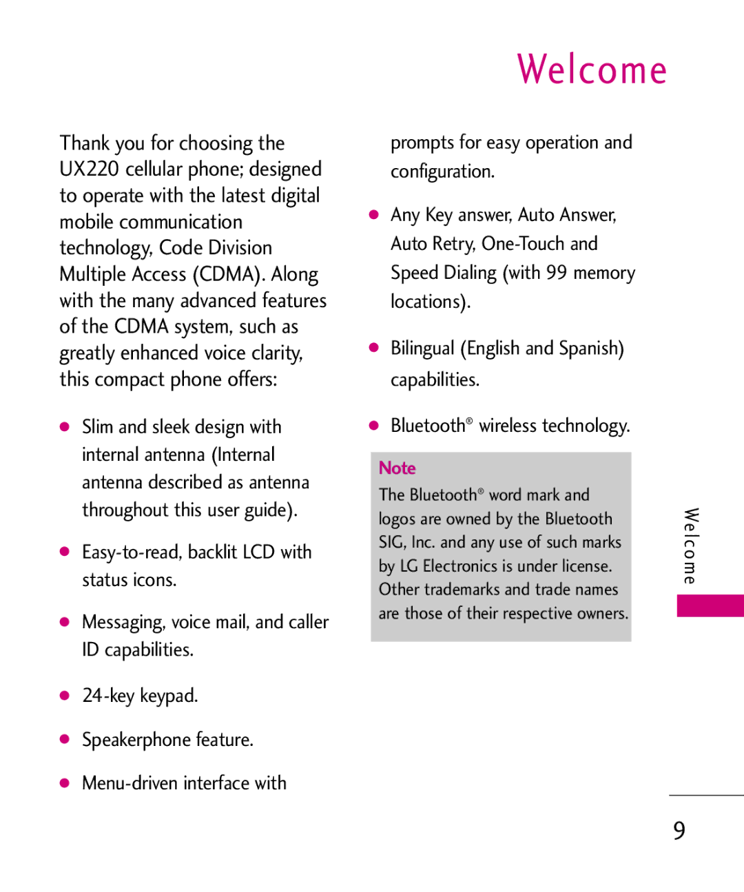 LG Electronics MMBB0366701(1.0), UX220 manual Welcome, Prompts for easy operation and configuration 