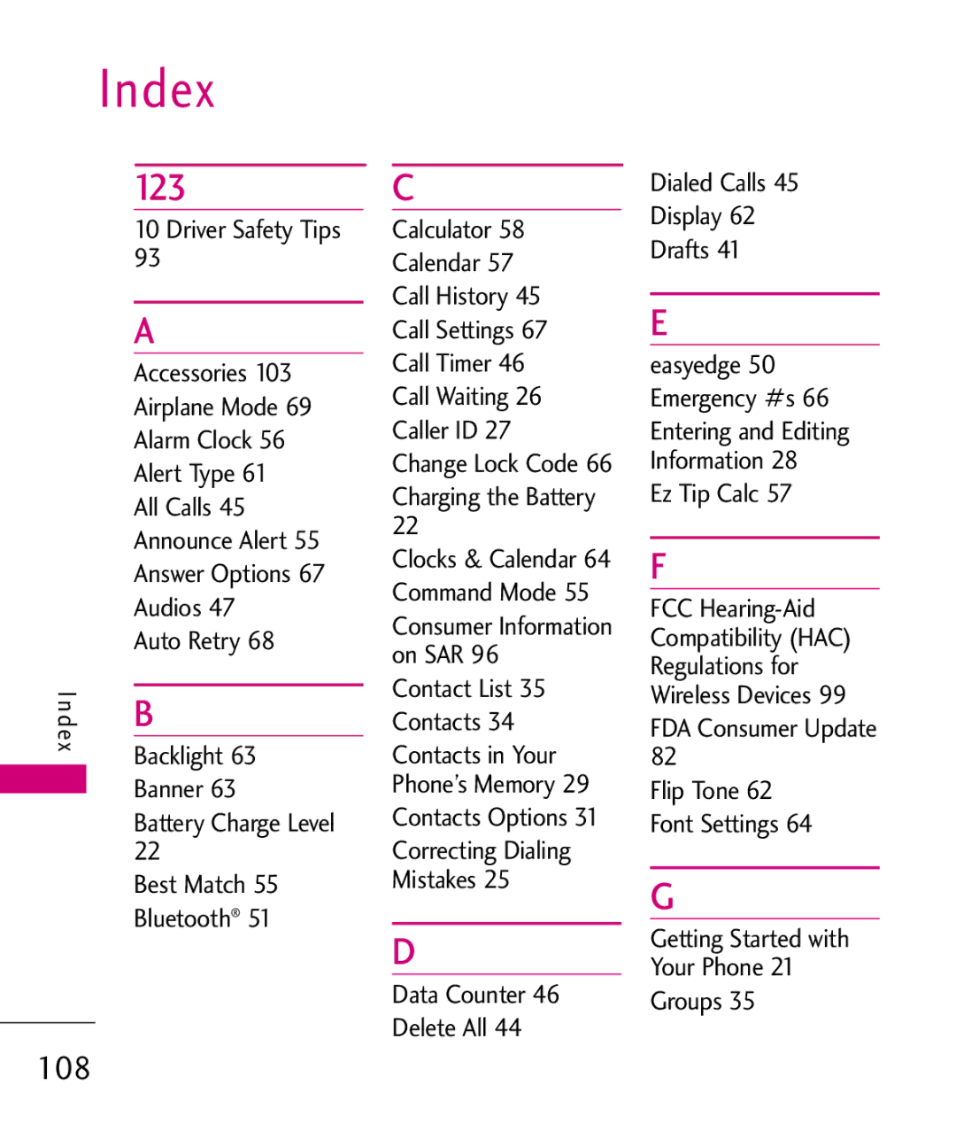 LG Electronics UX220, MMBB0366701(1.0) manual Index, 123 