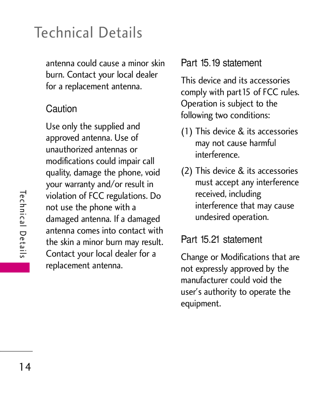 LG Electronics UX220, MMBB0366701(1.0) manual Part 15.19 statement, Part 15.21 statement 