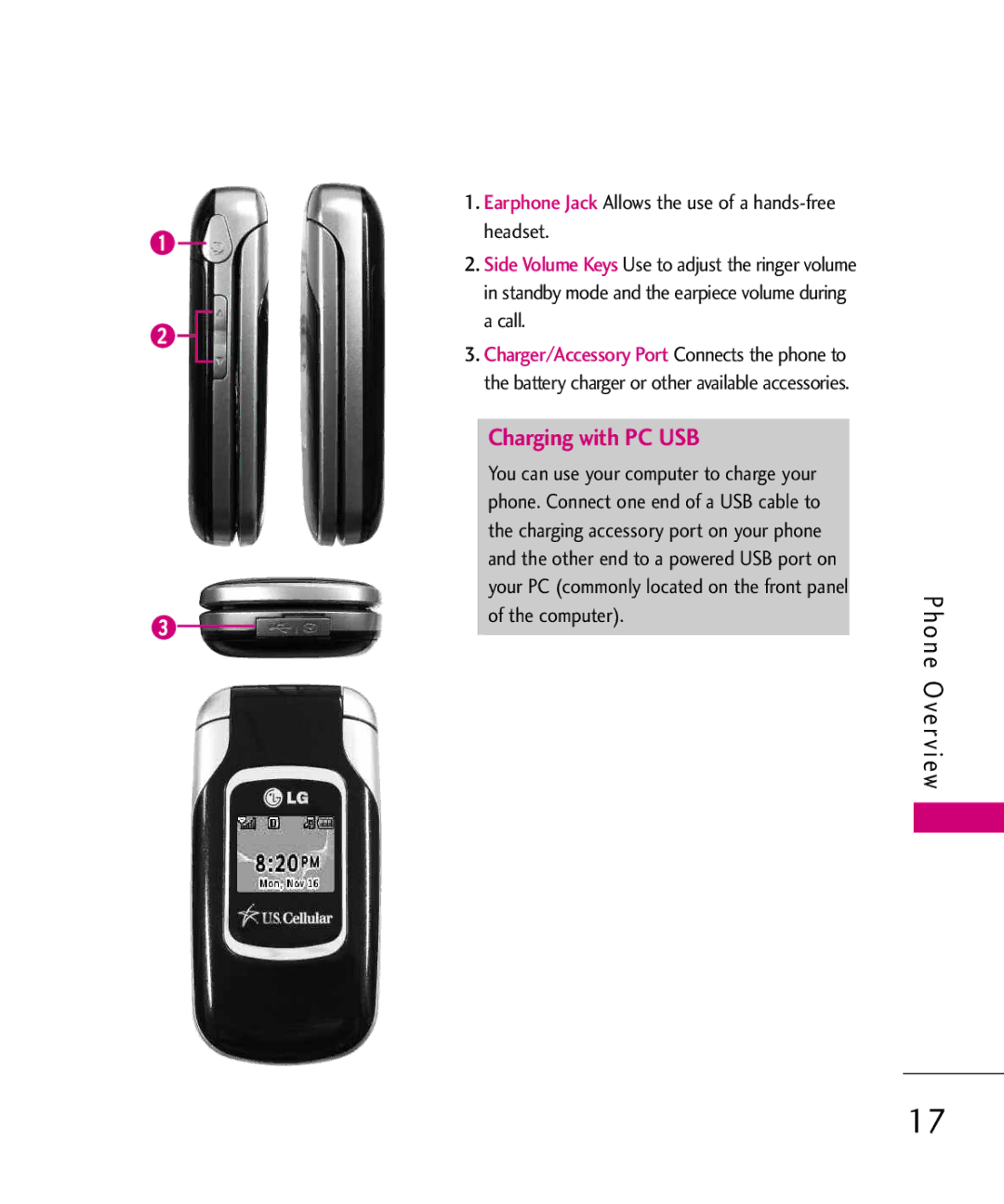 LG Electronics MMBB0366701(1.0), UX220 manual Charging with PC USB 