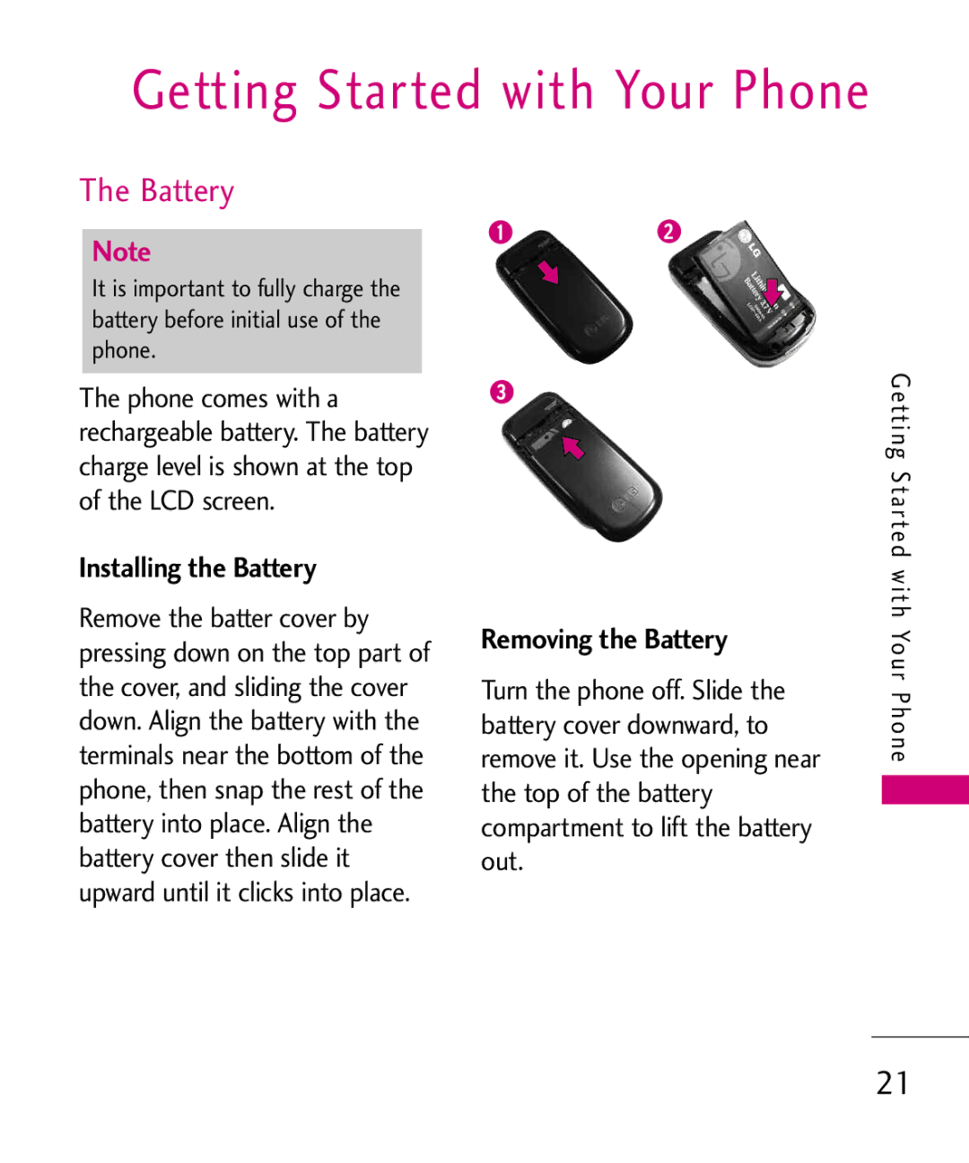 LG Electronics MMBB0366701(1.0), UX220 Getting Started with Your Phone, Installing the Battery, Removing the Battery 