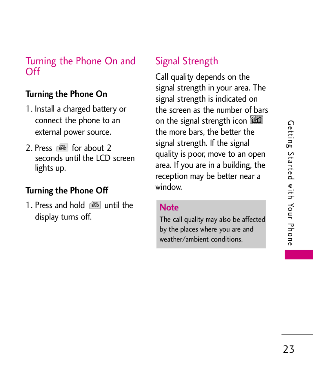 LG Electronics MMBB0366701(1.0), UX220 manual Turning the Phone On and Off, Signal Strength, Turning the Phone Off 