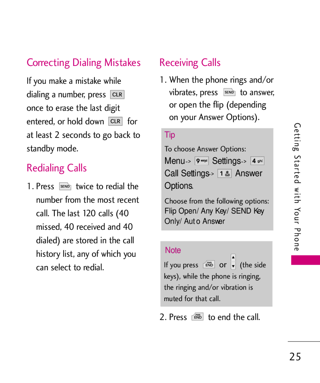 LG Electronics MMBB0366701(1.0) Redialing Calls, Receiving Calls, When the phone rings and/or, Menu Settings Call Setti 