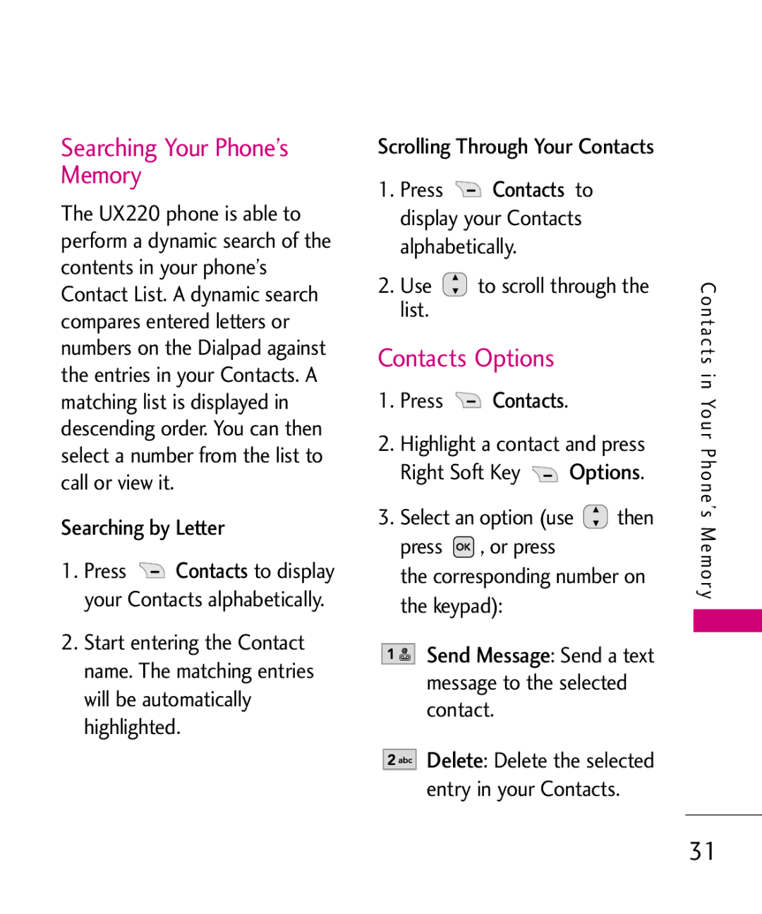 LG Electronics MMBB0366701(1.0), UX220 manual Searching Your Phone’s Memory, Contacts Options, Searching by Letter 