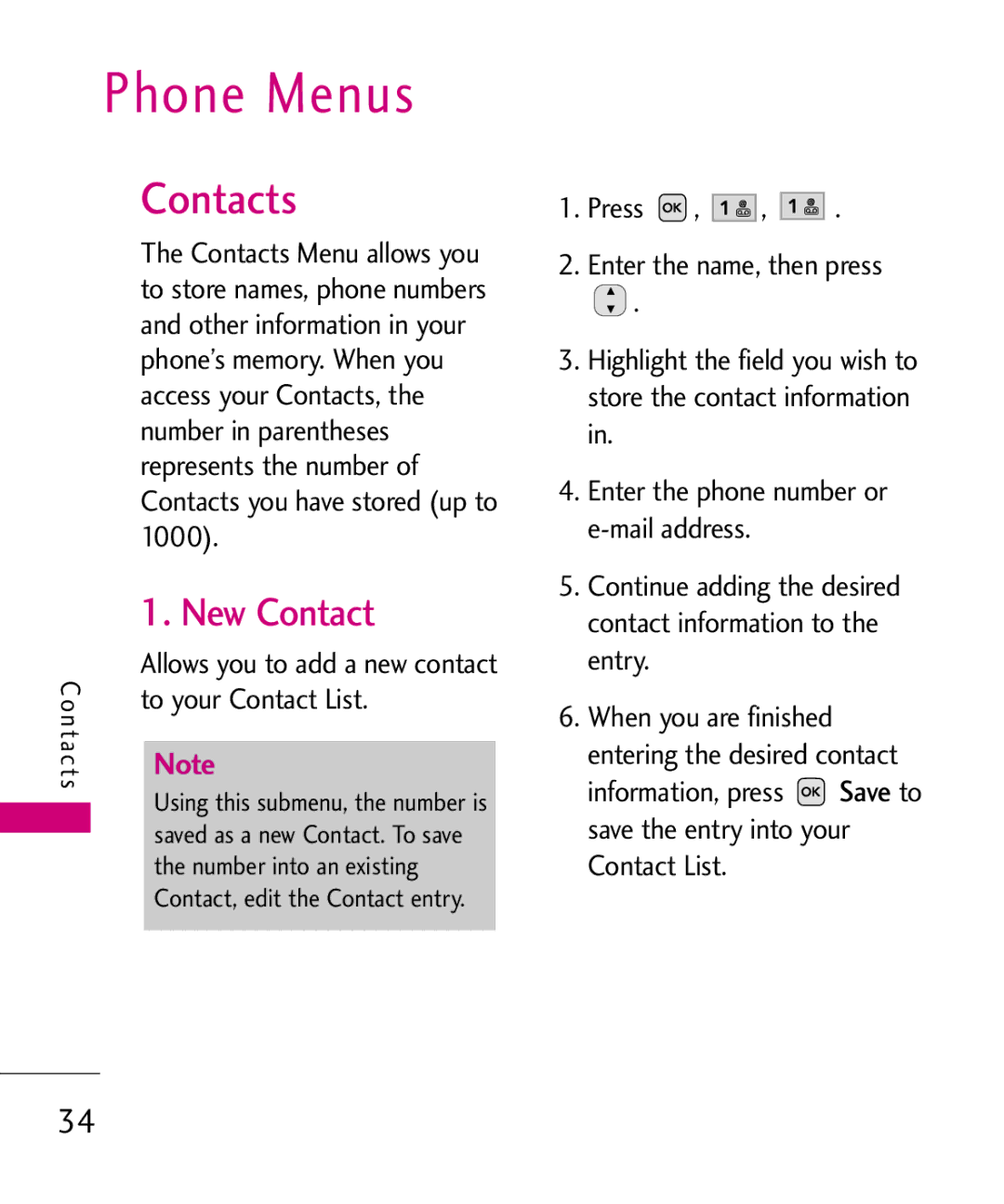 LG Electronics UX220, MMBB0366701(1.0) manual Phone Menus, New Contact 