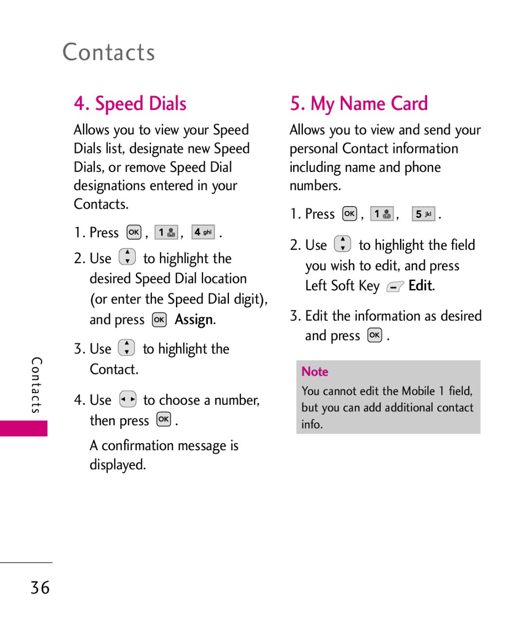 LG Electronics UX220, MMBB0366701(1.0) manual Contacts, Speed Dials, My Name Card 