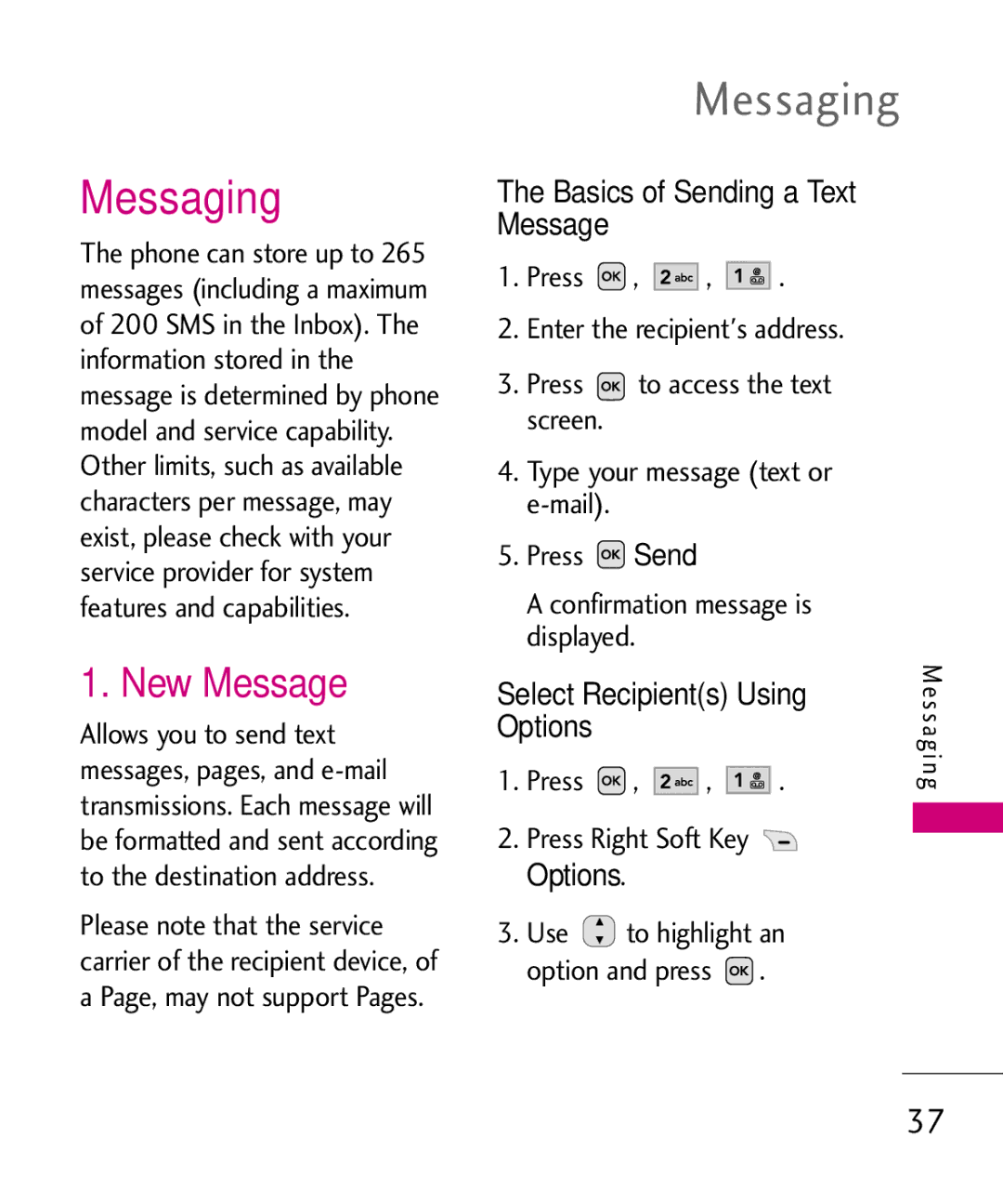 LG Electronics MMBB0366701(1.0) Messaging, New Message, Basics of Sending a Text Message, Select Recipients Using Options 