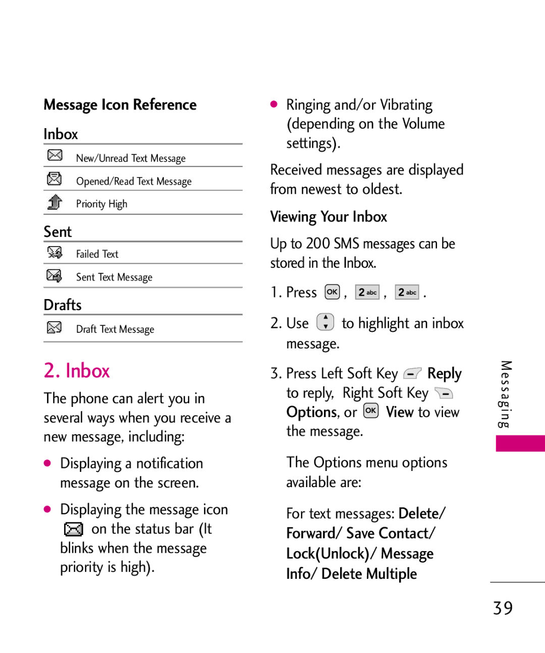 LG Electronics MMBB0366701(1.0), UX220 manual Message Icon Reference, Viewing Your Inbox, Drafts 