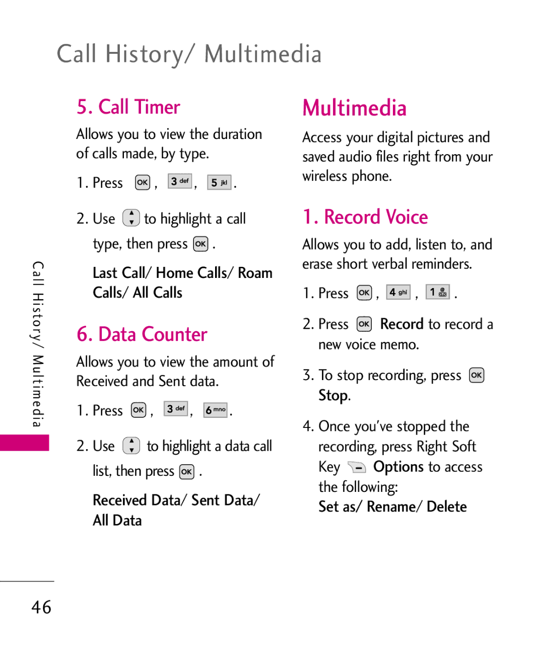 LG Electronics UX220, MMBB0366701(1.0) manual Call History/ Multimedia, Call Timer, Record Voice, Data Counter 