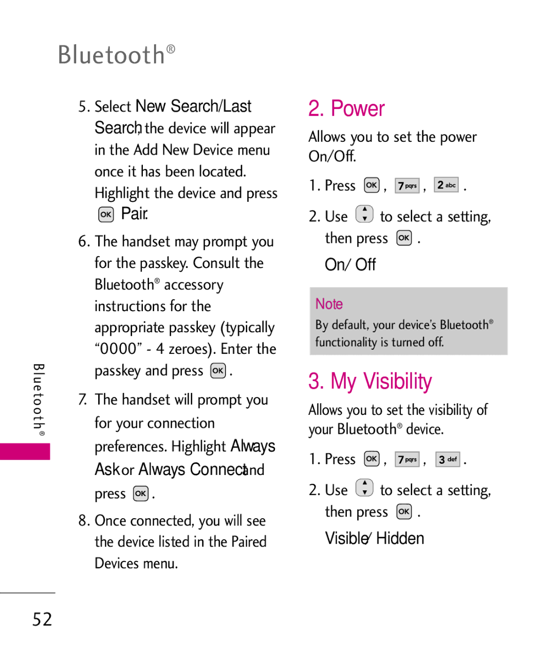 LG Electronics UX220, MMBB0366701(1.0) manual Power, My Visibility, Pair, On/ Off, Visible/ Hidden 