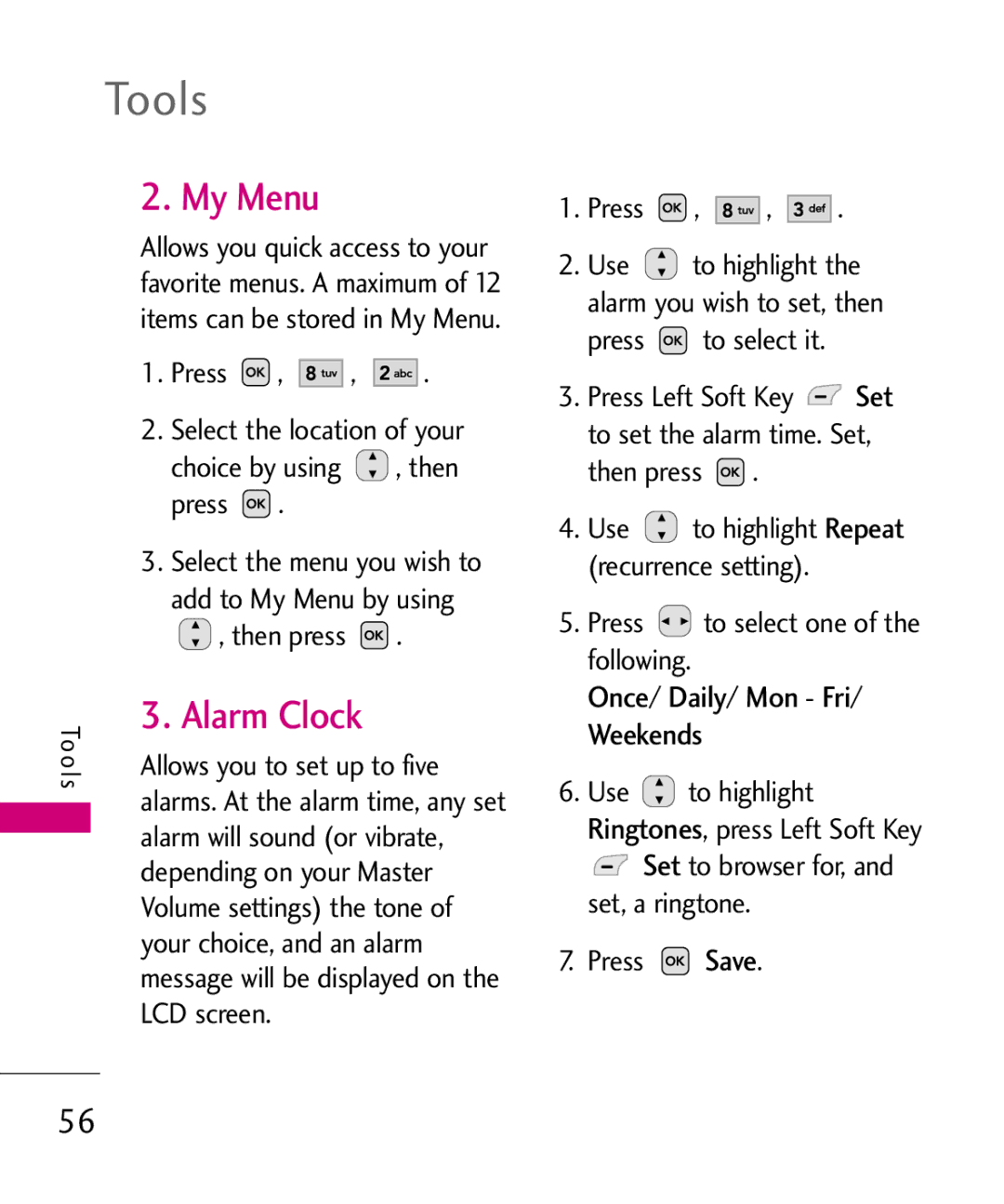 LG Electronics UX220, MMBB0366701(1.0) manual My Menu, Alarm Clock, Once/ Daily/ Mon Fri/ Weekends, Ringtones, Save 