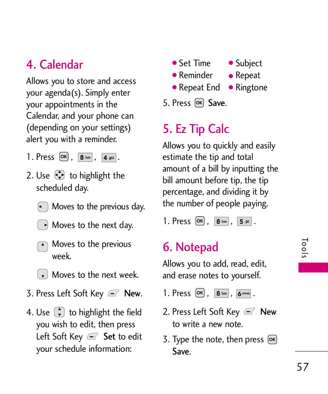 LG Electronics MMBB0366701(1.0), UX220 manual Calendar, Ez Tip Calc, Press Use to highlight the scheduled day 