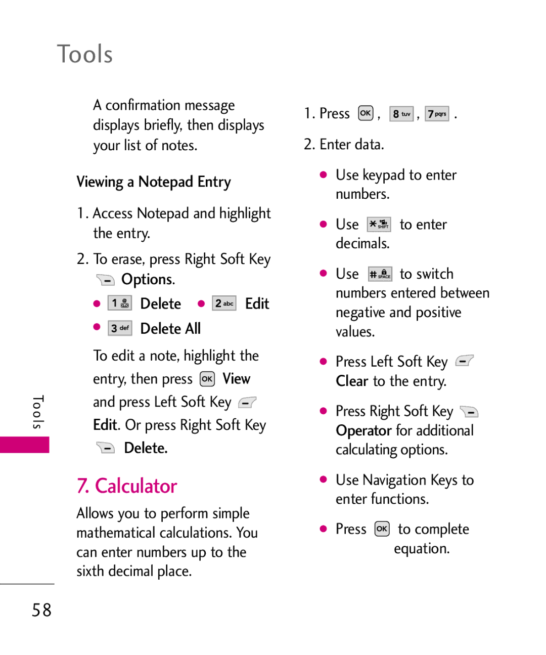 LG Electronics UX220, MMBB0366701(1.0) manual Calculator, Viewing a Notepad Entry, Delete 