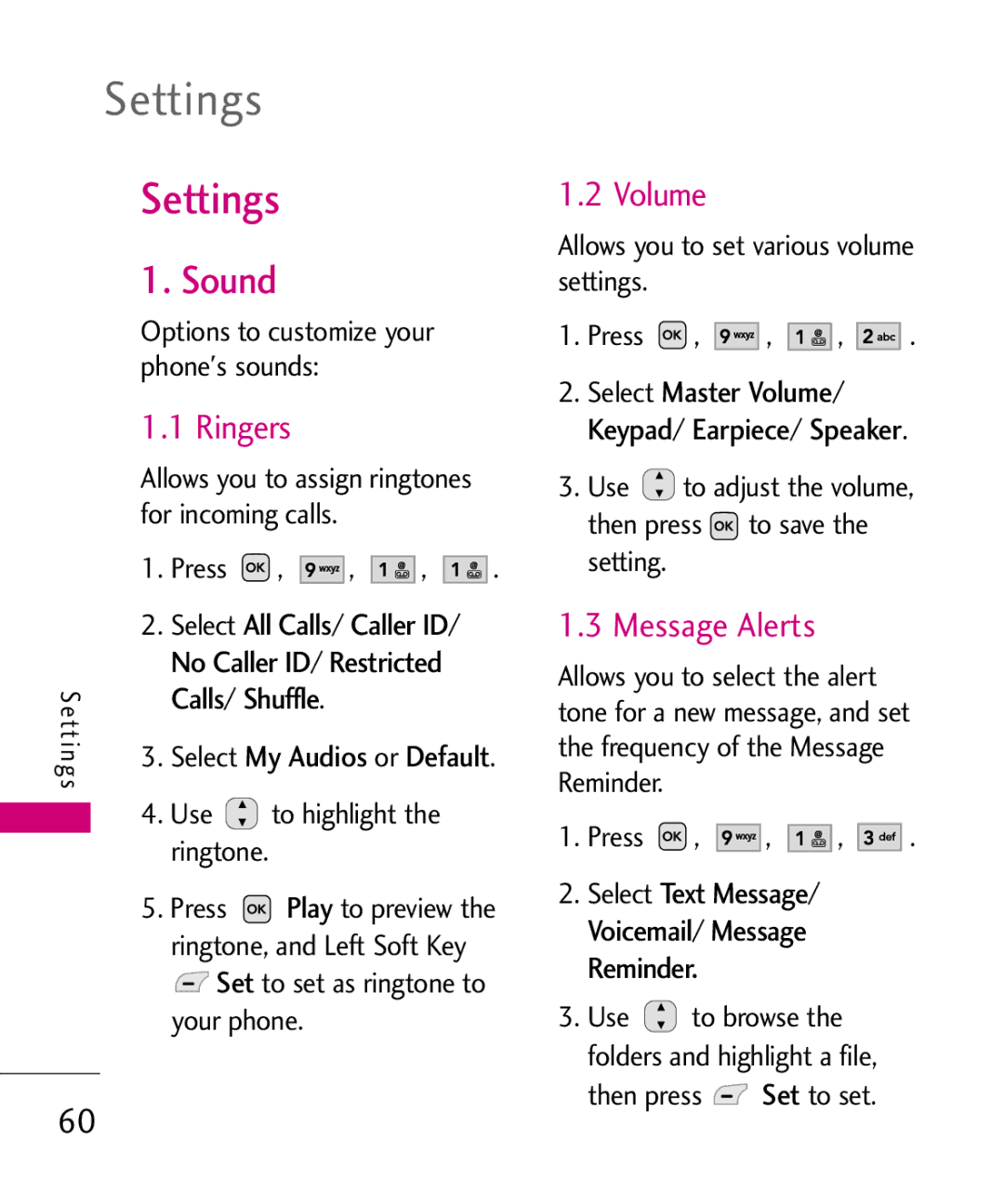 LG Electronics UX220, MMBB0366701(1.0) manual Settings, Sound, Ringers, Volume, Message Alerts 