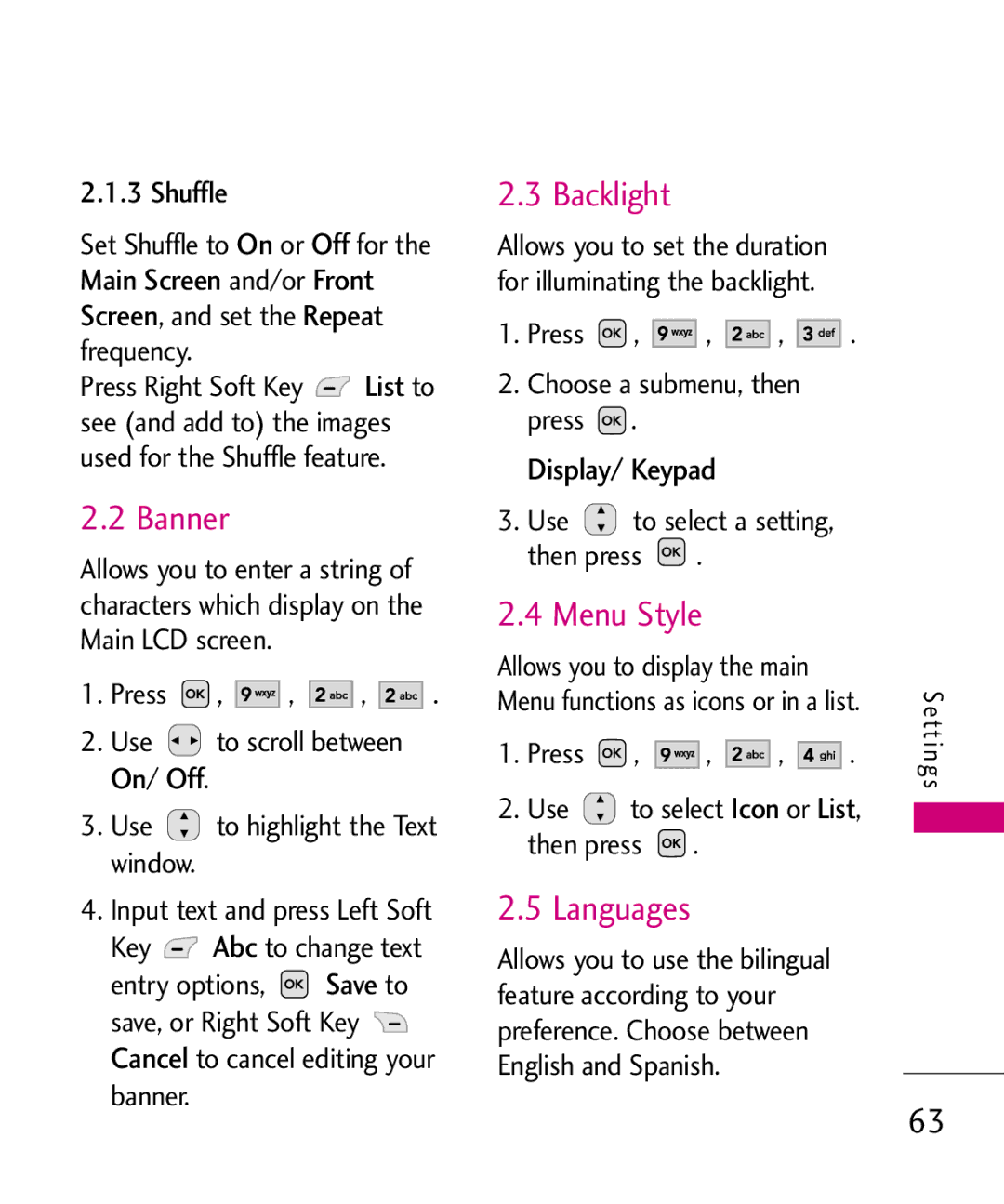 LG Electronics MMBB0366701(1.0), UX220 manual Backlight, Menu Style, Languages 