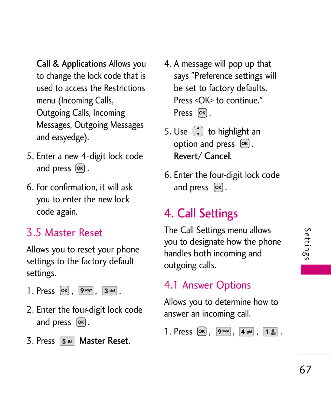 LG Electronics MMBB0366701(1.0), UX220 manual Call Settings, Answer Options, Press Master Reset 