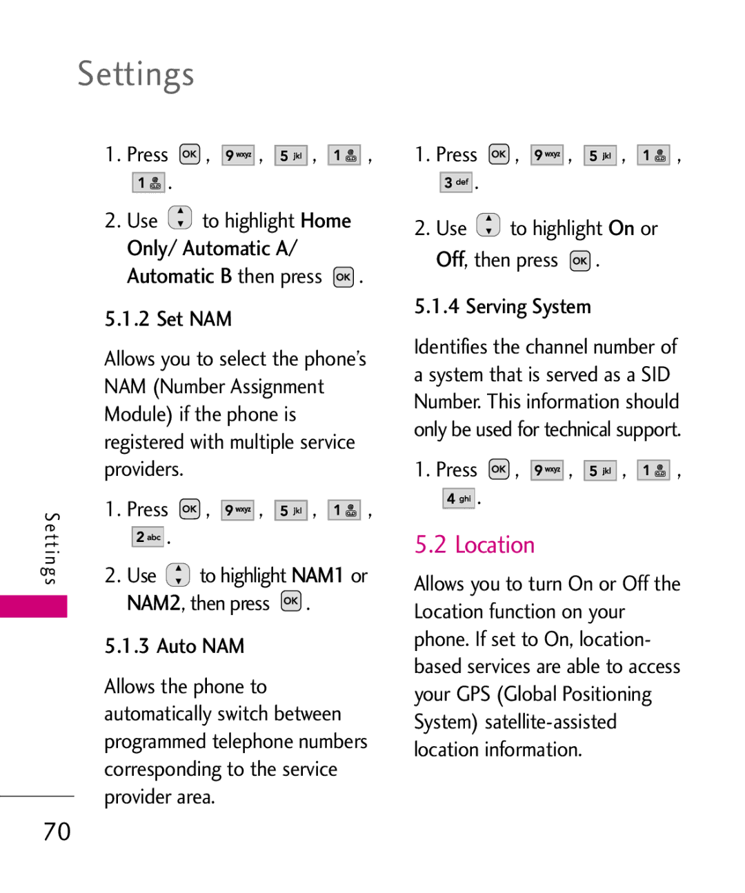 LG Electronics UX220, MMBB0366701(1.0) manual Location, Serving System, Allows you to turn On or Off Then press Auto NAM 