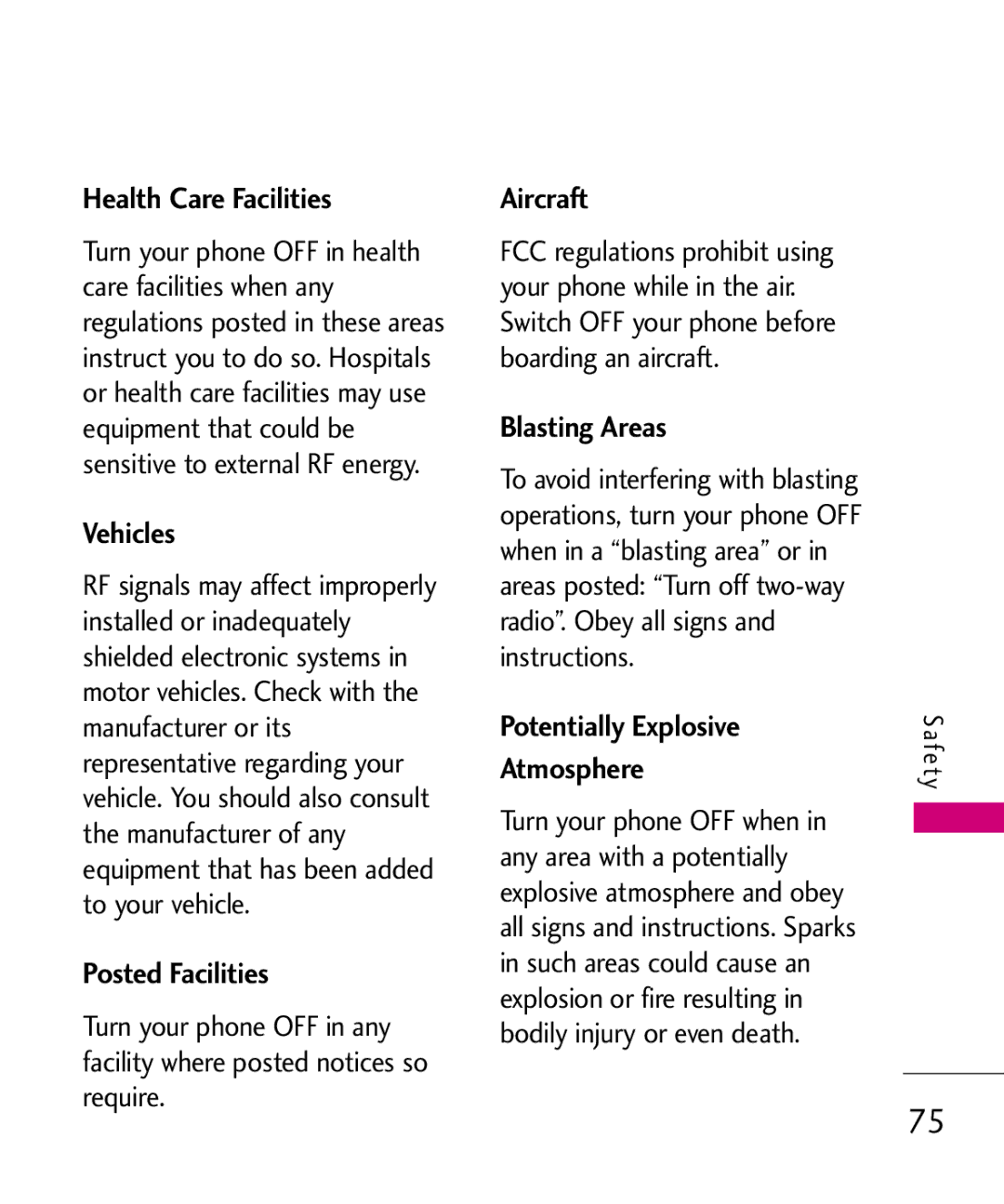 LG Electronics MMBB0366701(1.0), UX220 manual Health Care Facilities, Vehicles, Posted Facilities, Aircraft, Blasting Areas 