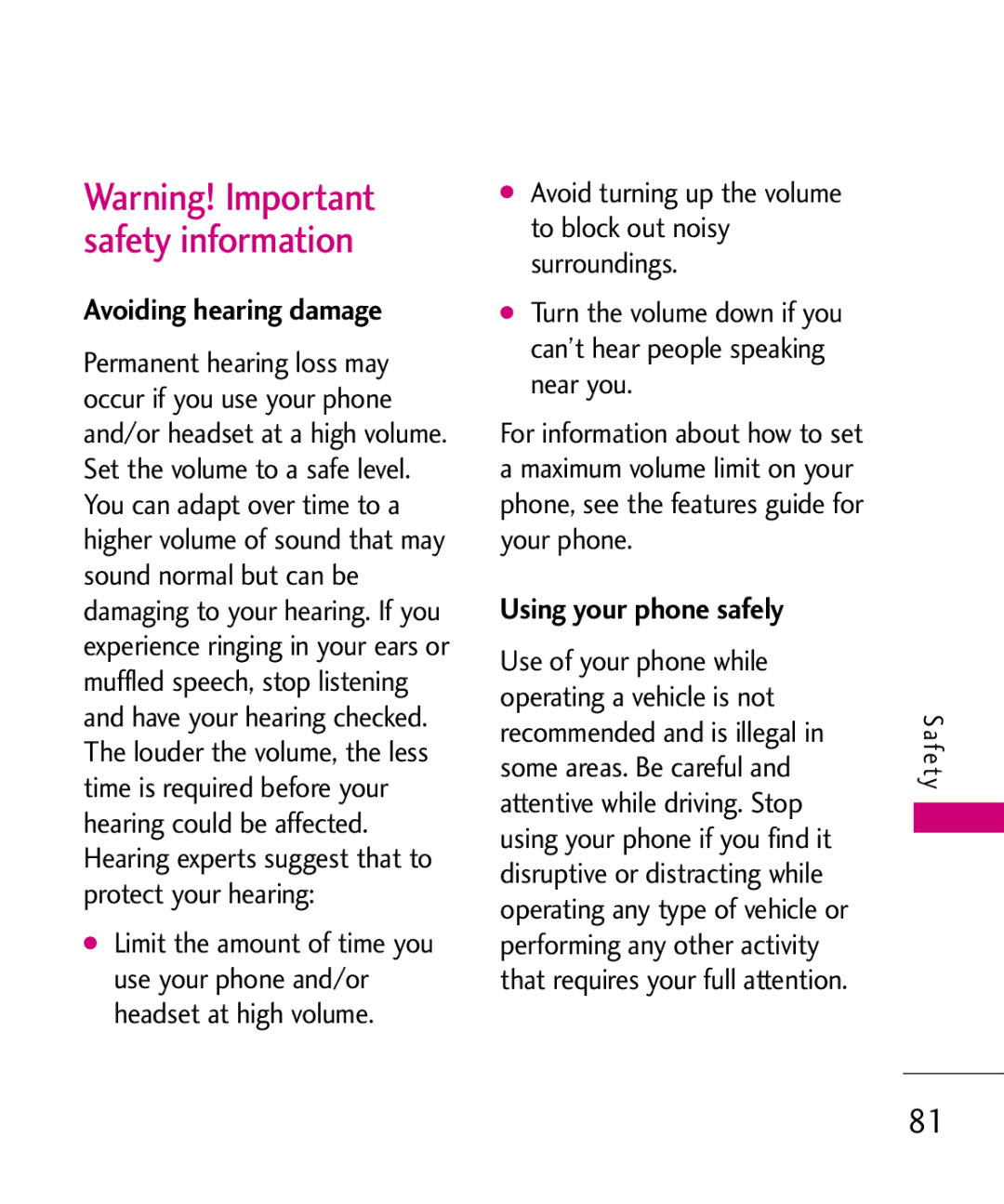 LG Electronics MMBB0366701(1.0), UX220 manual Avoiding hearing damage, Using your phone safely 