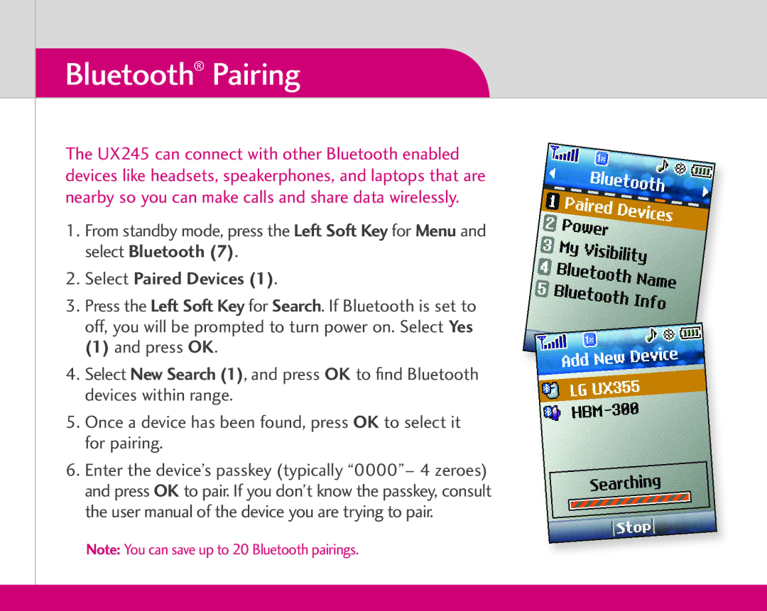 LG Electronics UX245 quick start Bluetooth Pairing, Select Paired Devices 