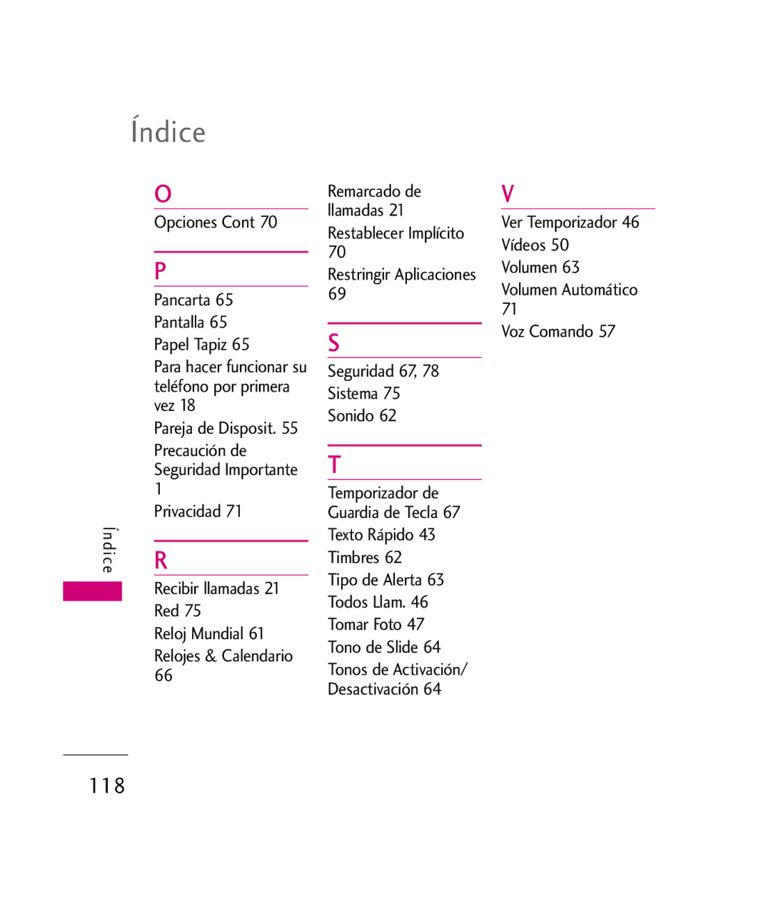 LG Electronics UX260 manual Índice, Opciones Pancarta, Volumen Automático Voz Comando 