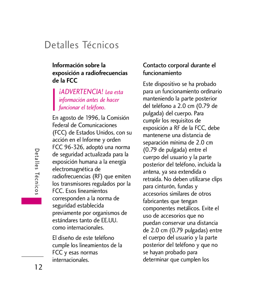 LG Electronics UX260 manual Detalles Técnicos 