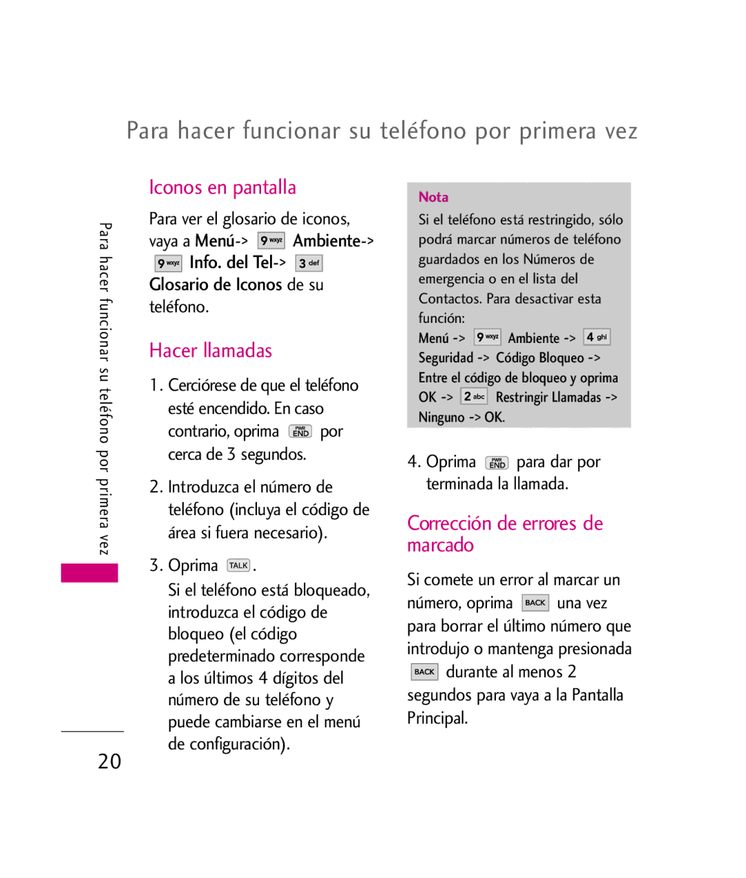 LG Electronics UX260 manual Iconos en pantalla, Hacer llamadas, Corrección de errores de marcado, Glosario de Iconos de su 