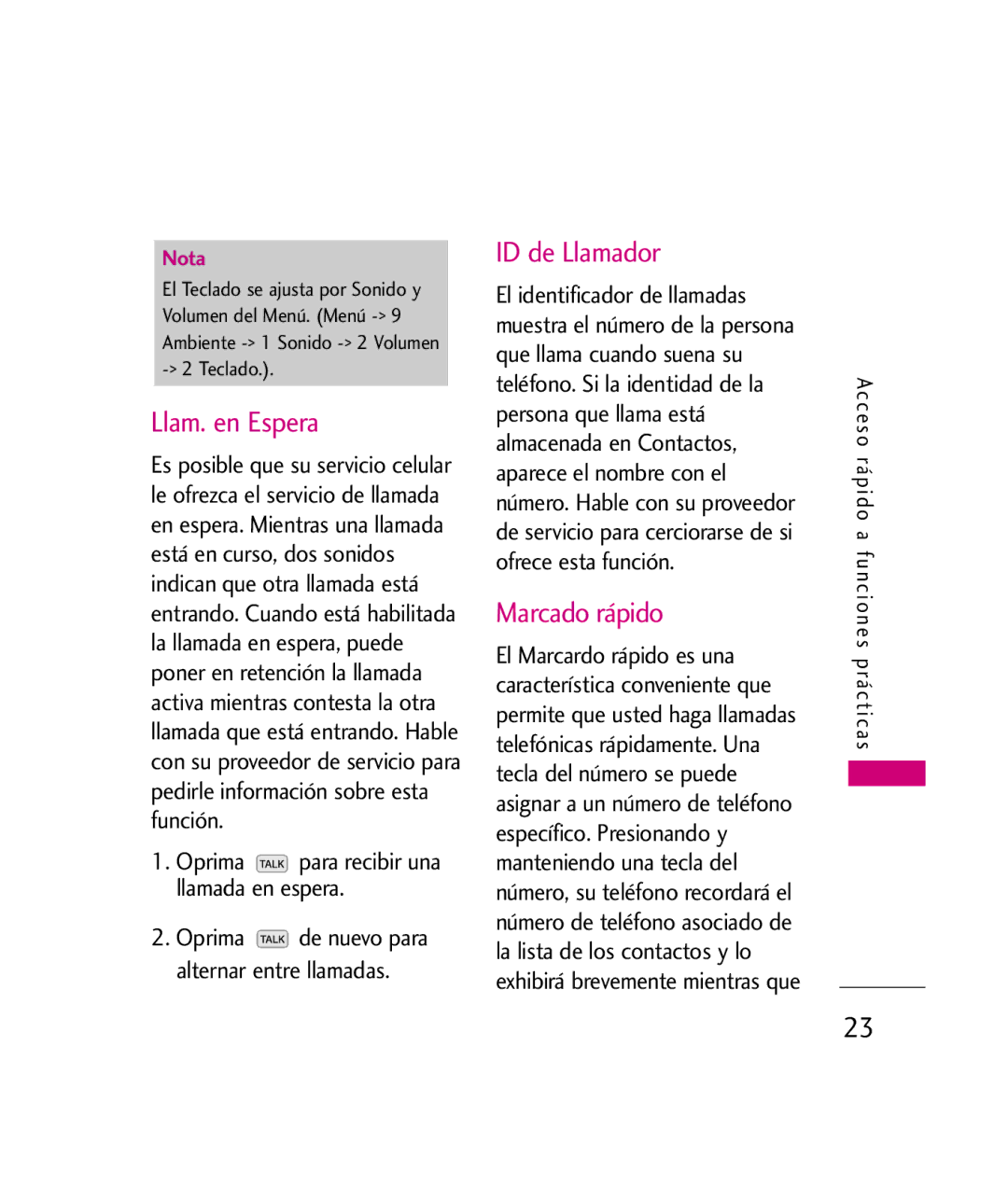 LG Electronics UX260 manual Llam. en Espera, ID de Llamador, Marcado rápido, Oprima para recibir una llamada en espera 