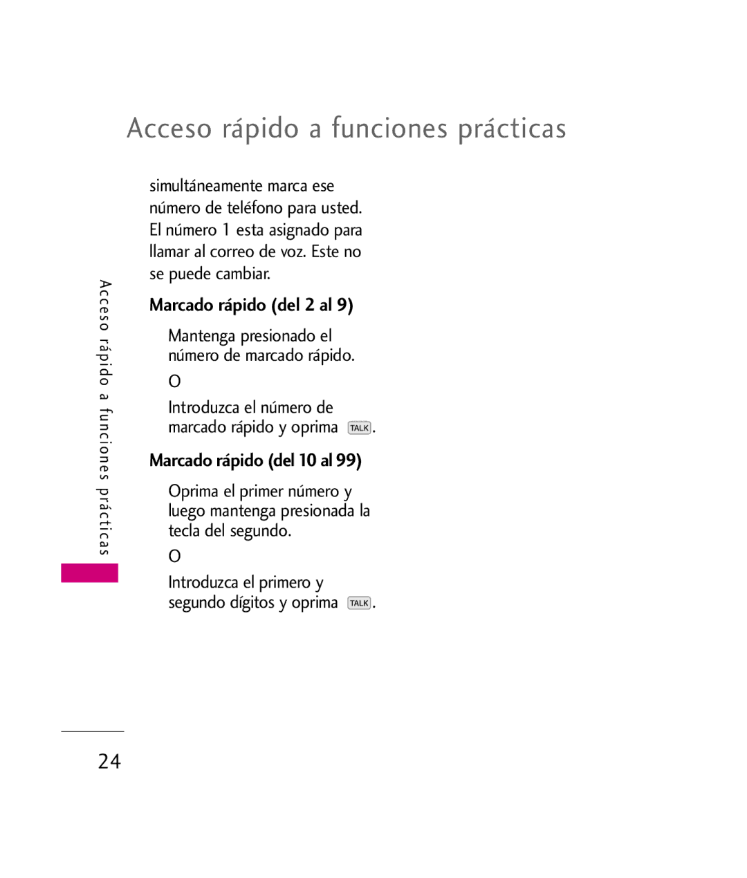 LG Electronics UX260 manual Acceso rápido a funciones prácticas, Marcado rápido del 2 al, Marcado rápido del 10 al 