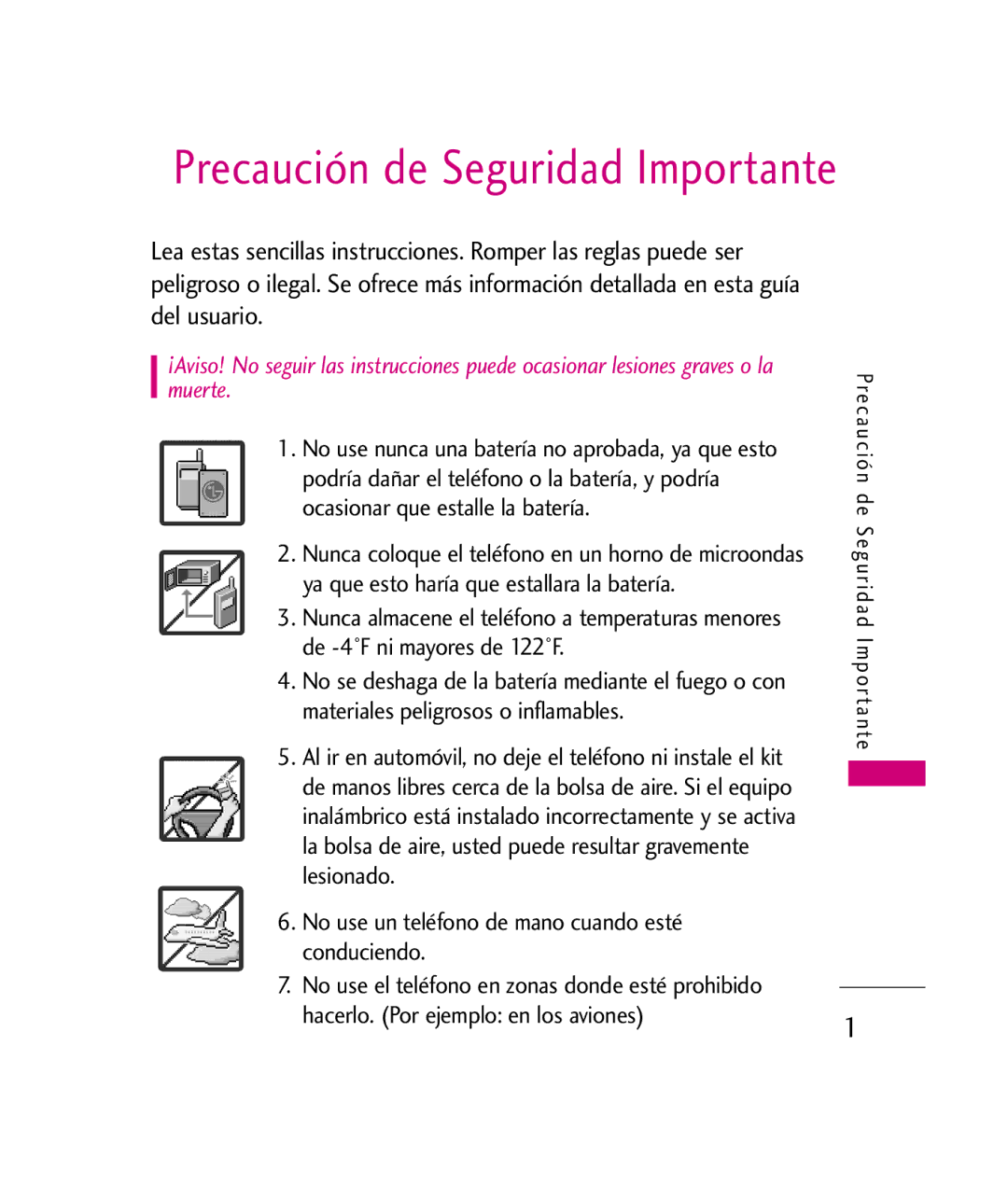 LG Electronics UX260 manual Precaución de Seguridad Importante 