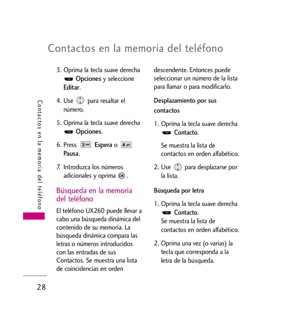 LG Electronics UX260 manual Contactos en la memoria del teléfono, Búsqueda en la memoria del teléfono 