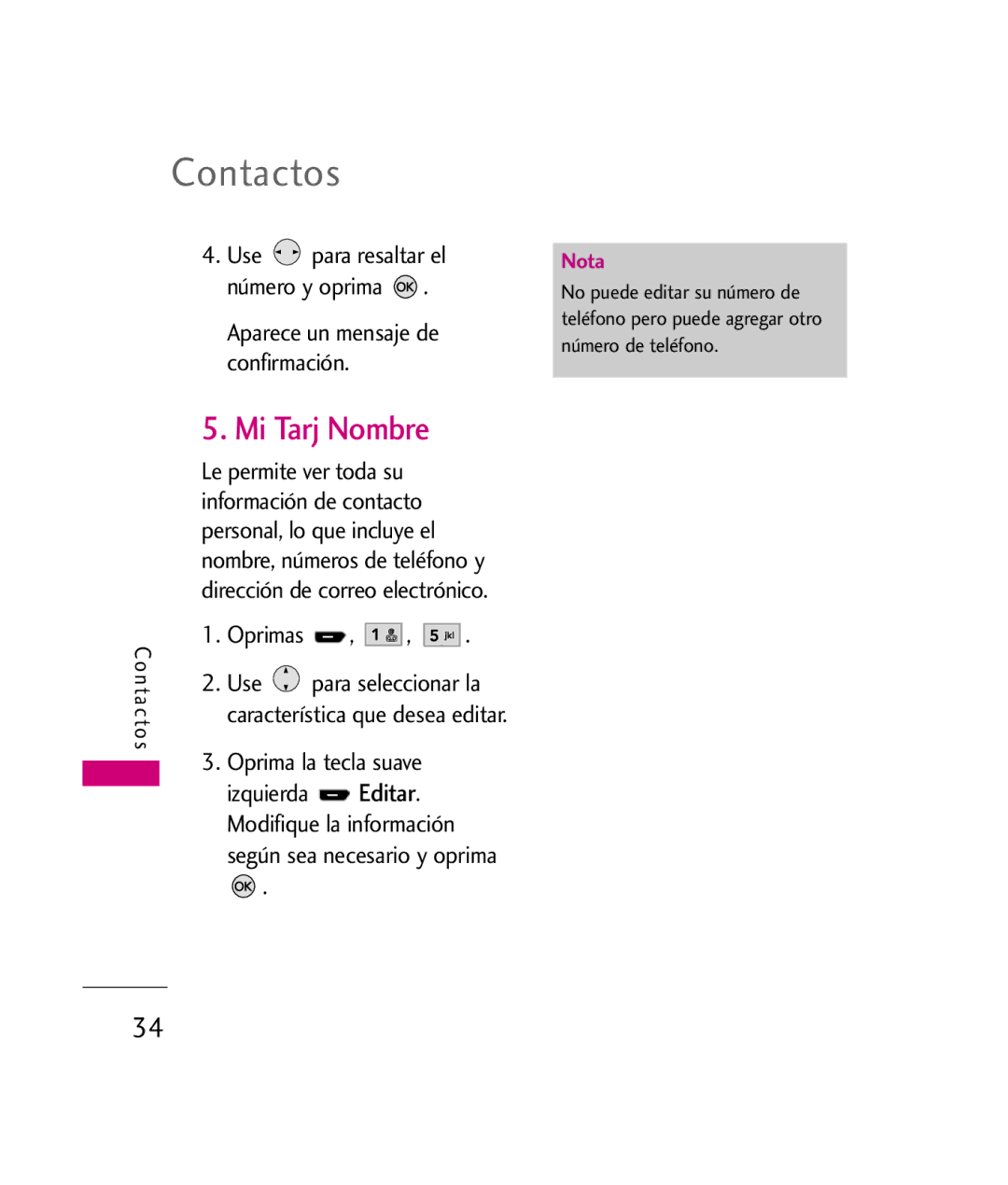 LG Electronics UX260 manual Contactos, Mi Tarj Nombre 