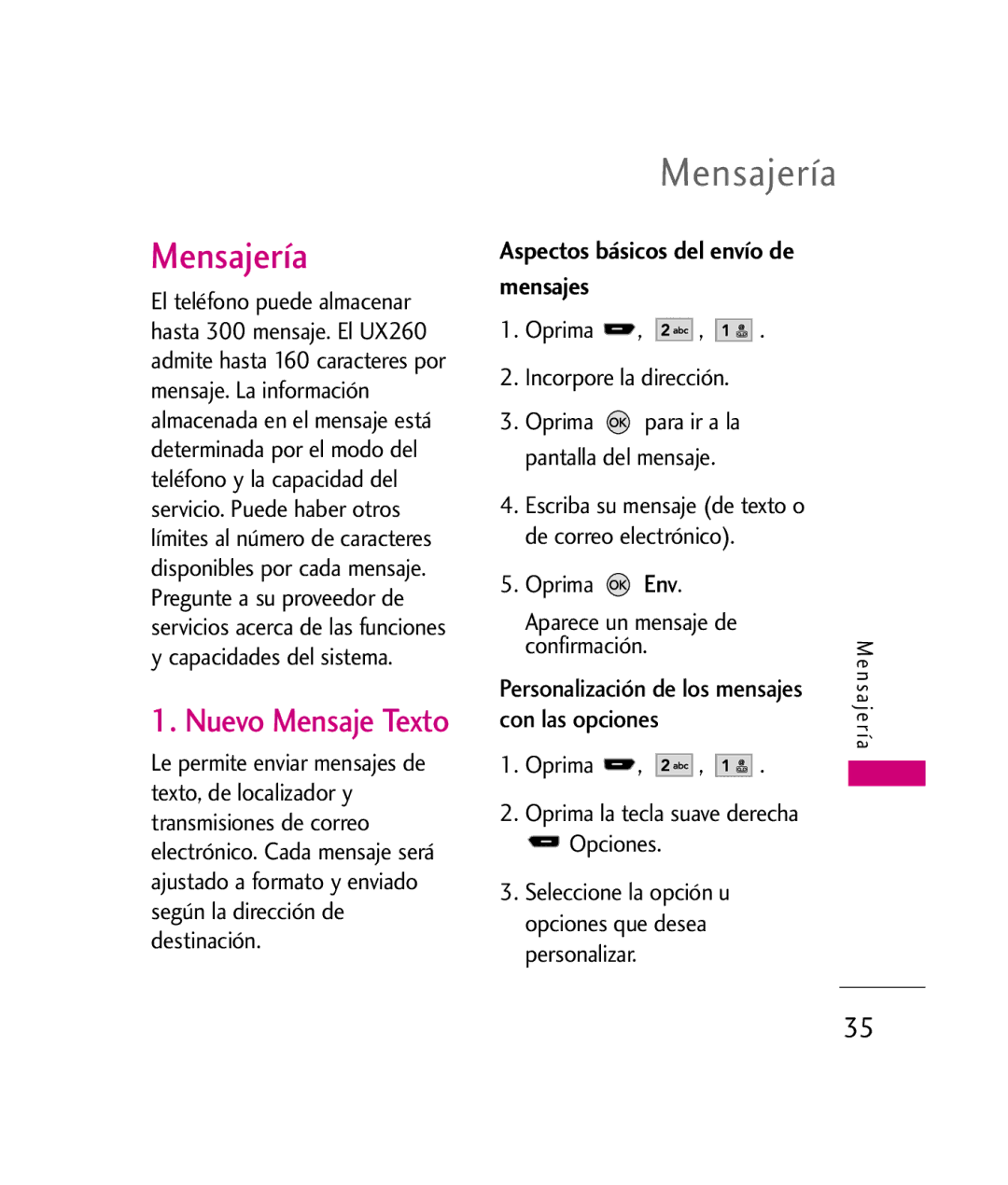 LG Electronics UX260 manual Mensajería, Nuevo Mensaje Texto, Aspectos básicos del envío de mensajes, Env 