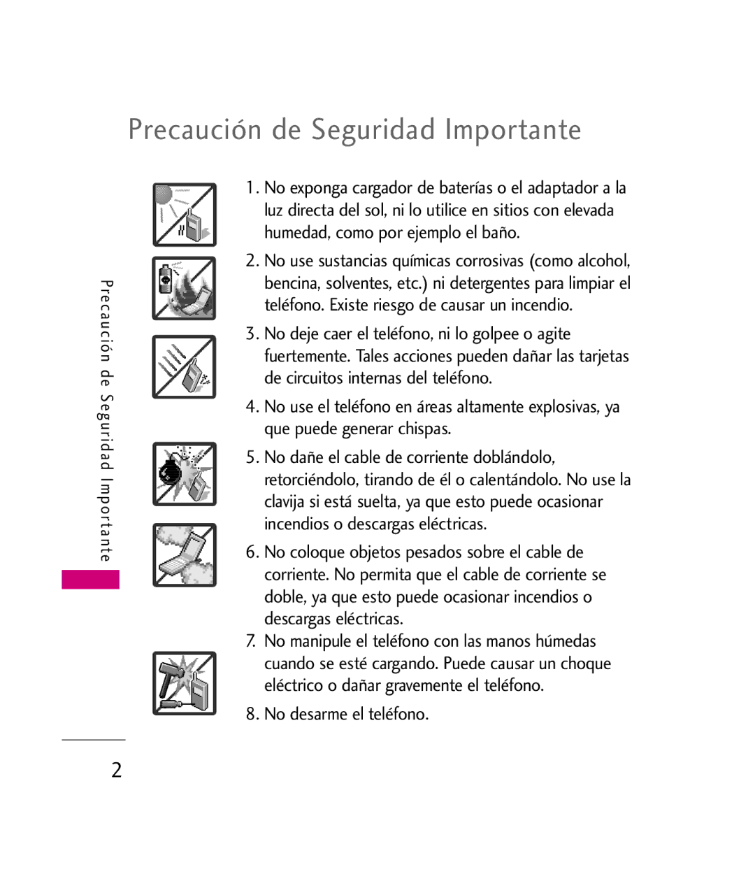 LG Electronics UX260 manual Precaución de Seguridad Importante, No desarme el teléfono 