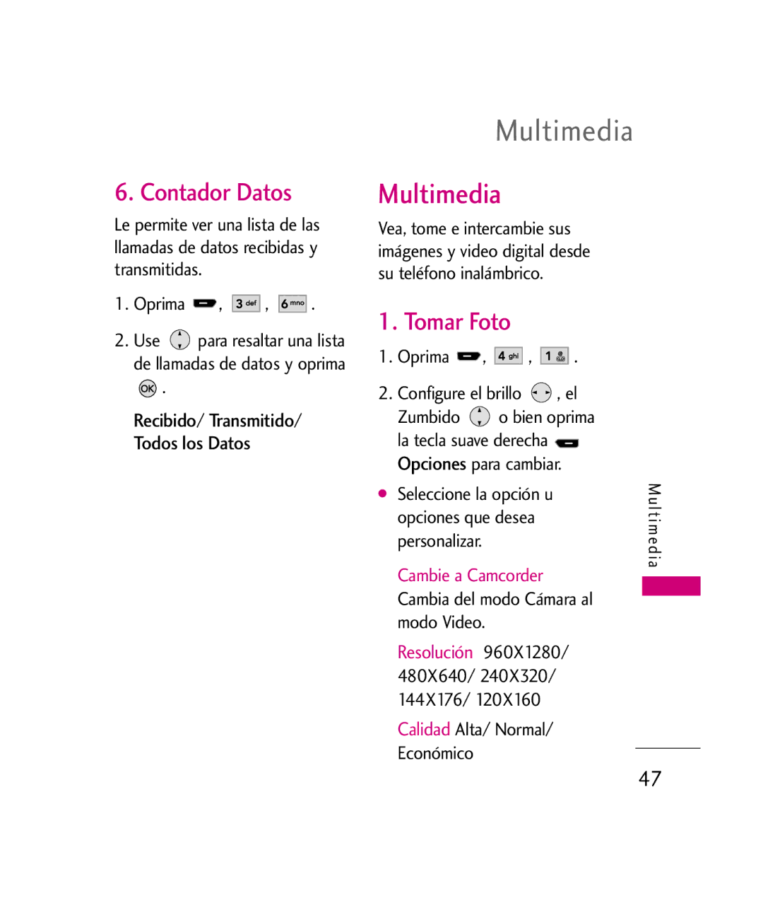 LG Electronics UX260 manual Multimedia, Contador Datos, Tomar Foto 