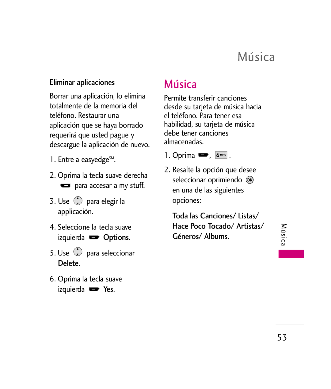 LG Electronics UX260 manual Música, Eliminar aplicaciones, Géneros/ Albums 