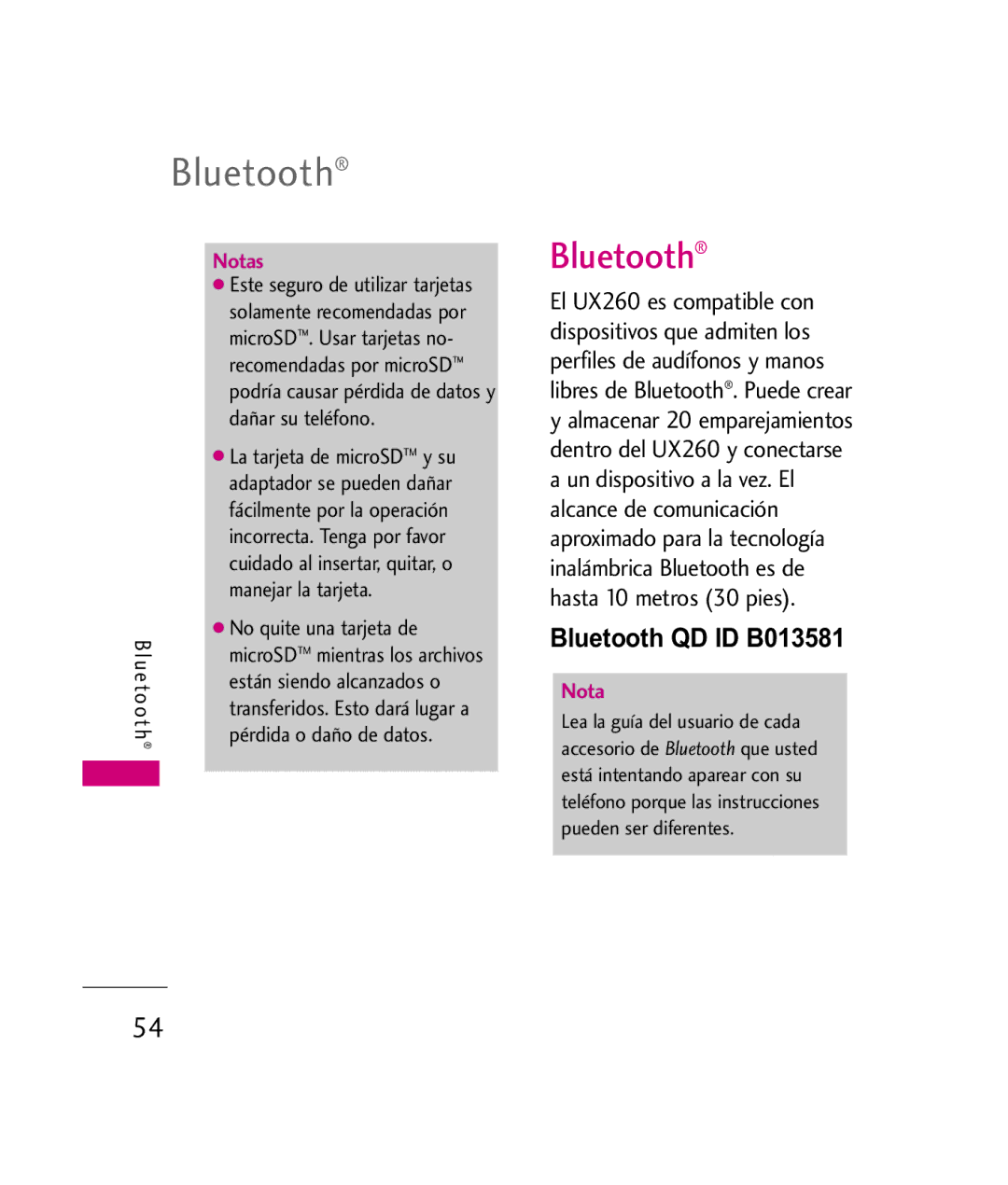 LG Electronics UX260 manual Bluetooth QD ID B013581, Están siendo alcanzados o, Pérdida o daño de datos 