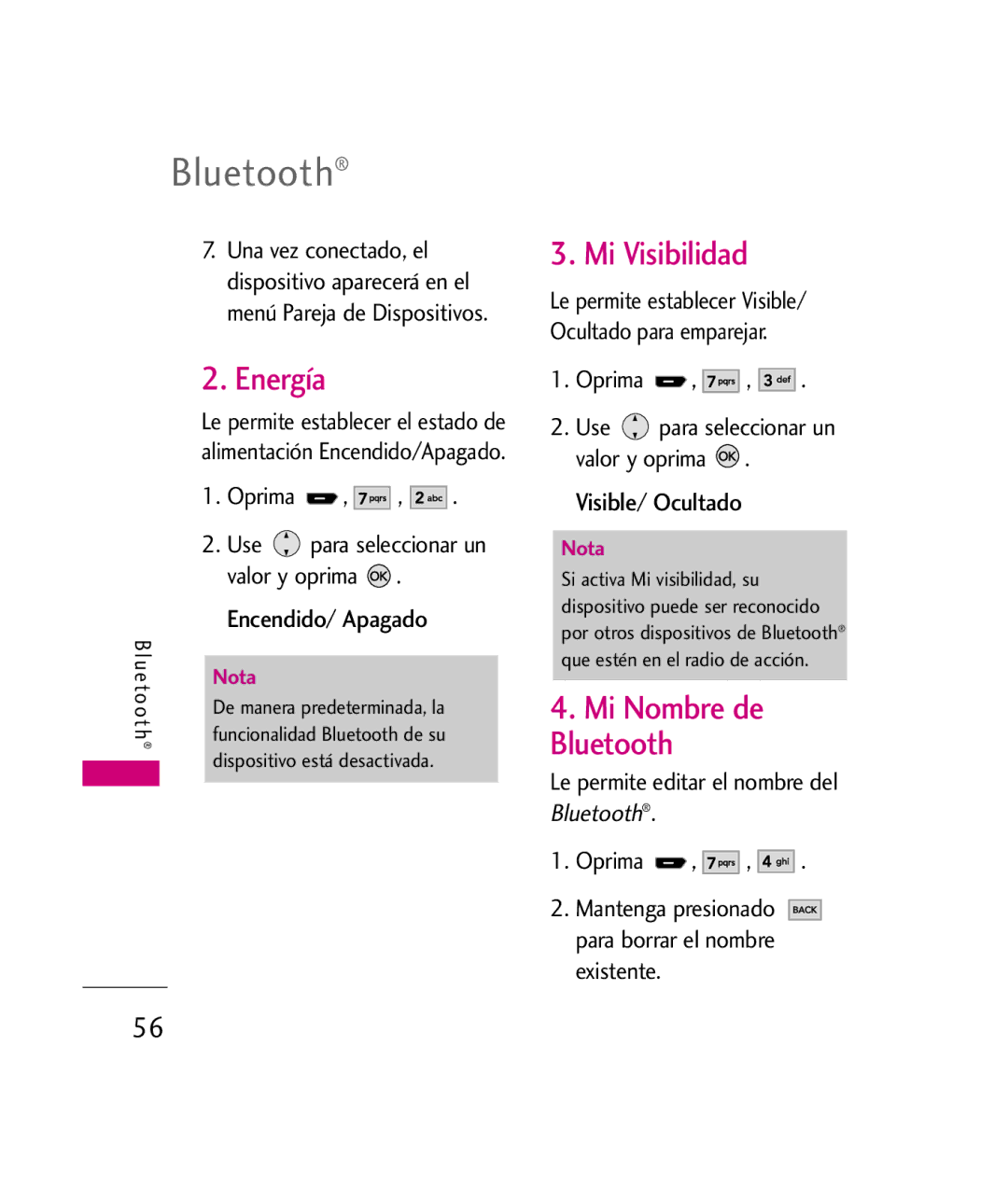 LG Electronics UX260 manual Energía, Mi Visibilidad, Mi Nombre de Bluetooth 