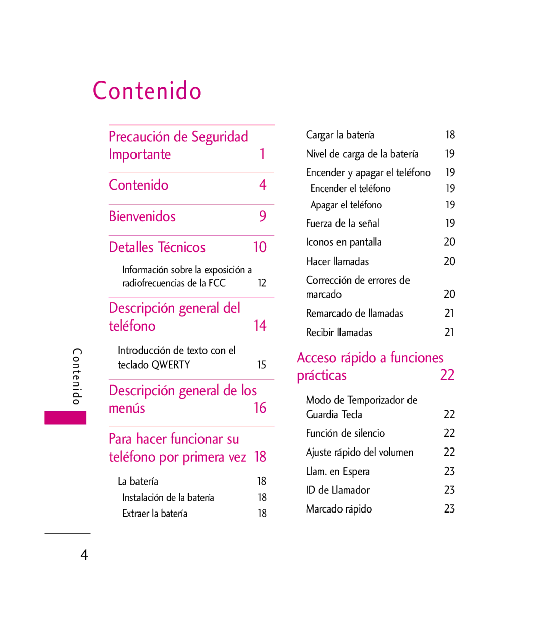 LG Electronics UX260 manual Importante Contenido Bienvenidos Detalles Técnicos, Teléfono, Menús 