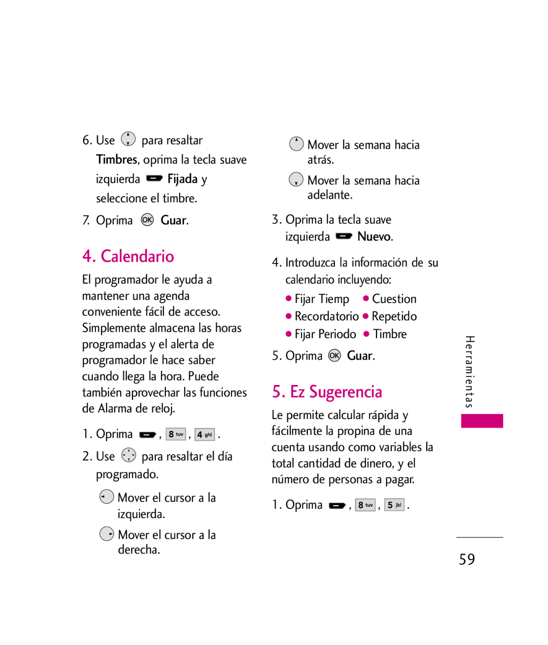 LG Electronics UX260 manual Calendario, Ez Sugerencia, Guar 